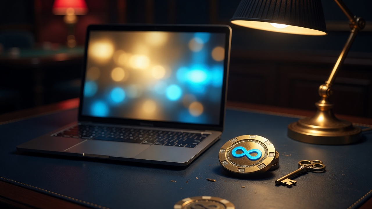 Laptop on a dark desk beside a gold casino chip with a cyan infinity mark, used as the Spin Finite Casino Login hero.